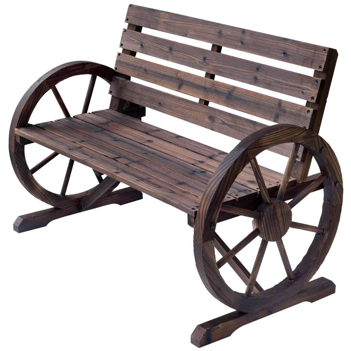 Rustic 2 person wagon wheel bench for outdoor patio - Bills variety store