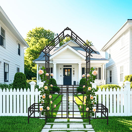Metal Garden Arch with Gate and planter 80" x 97" - Bills variety store