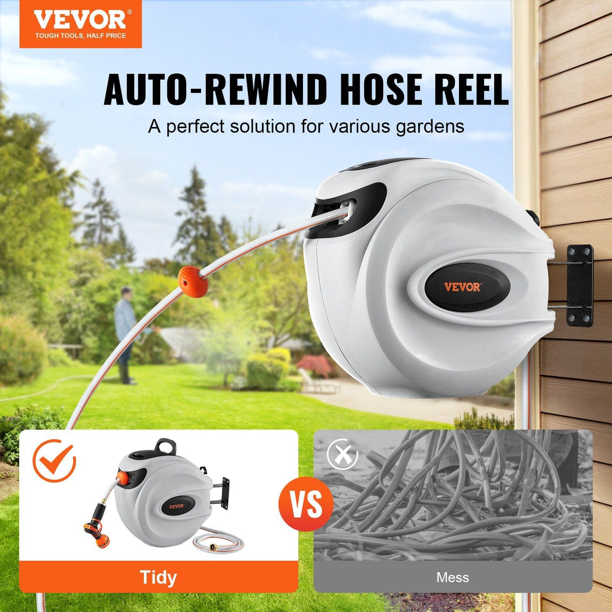 Retractable Water Hose Reel 130' x 1/2" 180° Swivel Wall-Mounted - Bills variety store