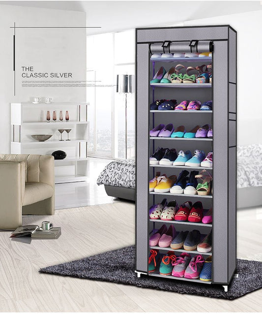 Room-saving 10-Layers 9 Lattices Non-woven Fabric Shoe Rack Black - Bills variety store