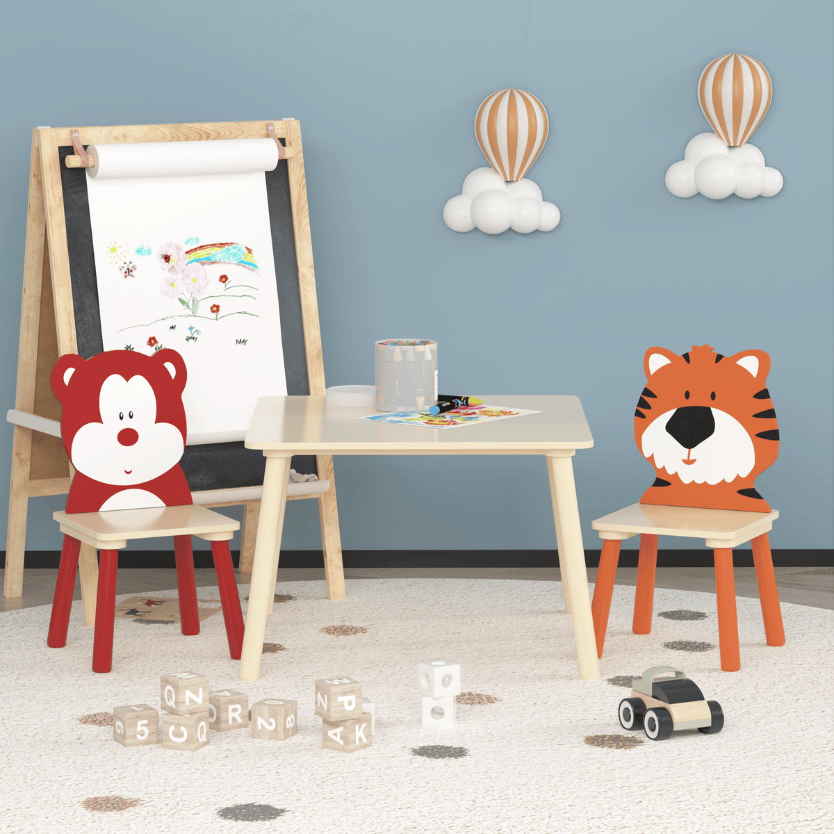 Kids Table and 2 Chairs Set, 3 Pieces Toddler Table and Chair Set, Wooden Activity Play Table Set - Bills variety store