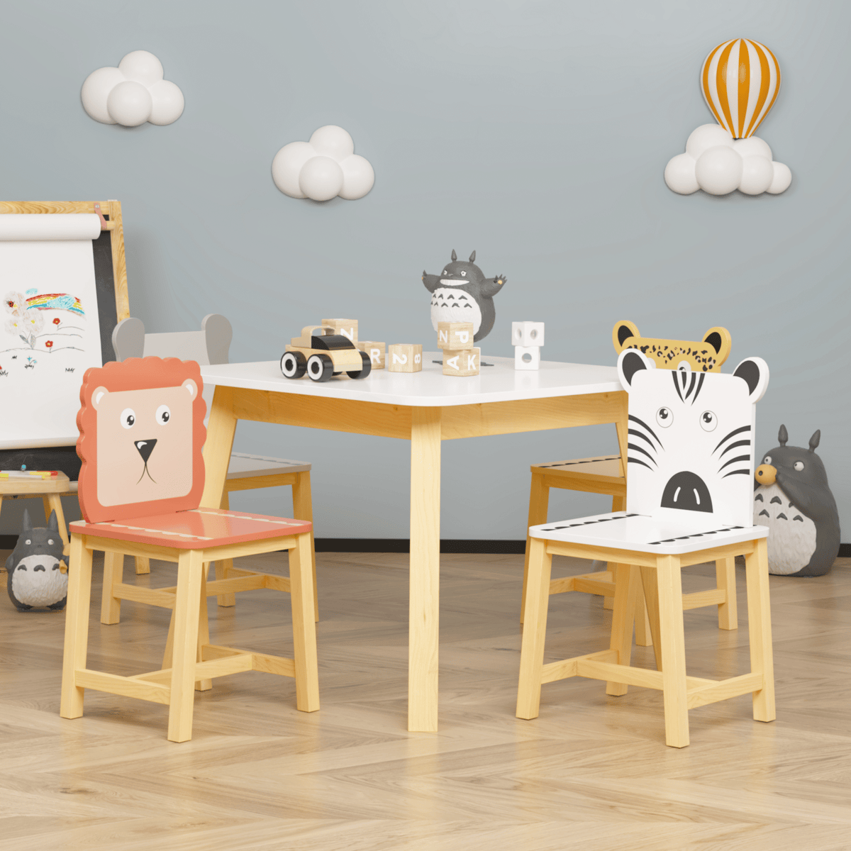 Kids Wood Table with 4 Chairs Set Cartoon Animals (bigger table) (3-8 years old) - Bills variety store
