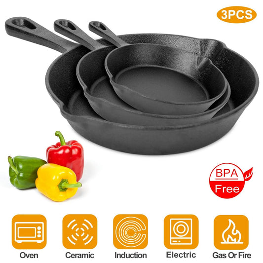 3Pcs Pre-Seasoned Cast Iron Skillet Set 6/8/10in Non-Stick Oven Safe Cookware - Bills variety store