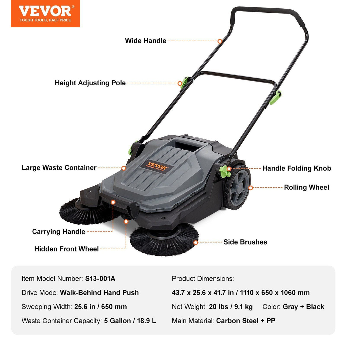 25.6" Manual Walk-Behind Floor Sweeper with 5-Gallon Waste Bin - Bills variety store