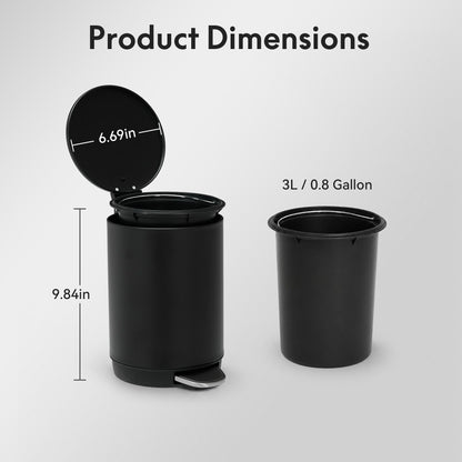3L/0.8 Gallon Round Step Trash Can, Small Stainless Steel Bathroom Garbage Can with Foot Pedal and Removable Inner Bucket for Bathroom, Bedroom, Office, Black - Bills variety store