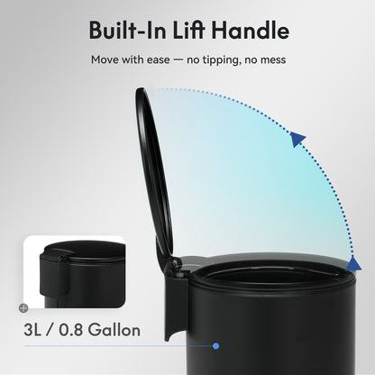 3L/0.8 Gallon Round Step Trash Can, Small Stainless Steel Bathroom Garbage Can with Foot Pedal and Removable Inner Bucket for Bathroom, Bedroom, Office, Black - Bills variety store