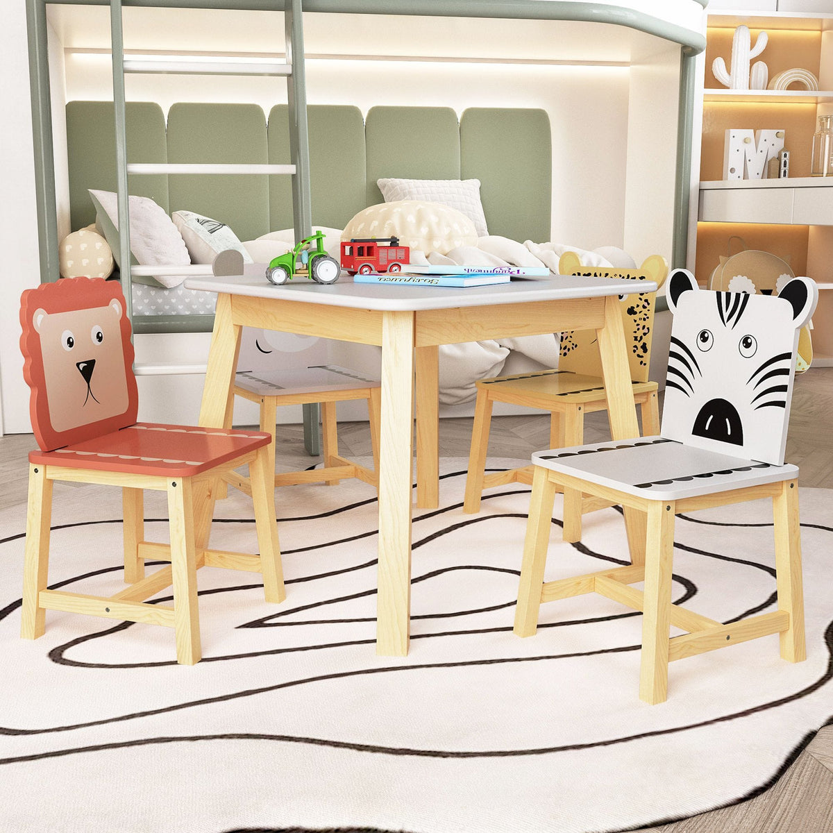 Kids Wood Table with 4 Chairs Set Cartoon Animals (bigger table) (3-8 years old) - Bills variety store