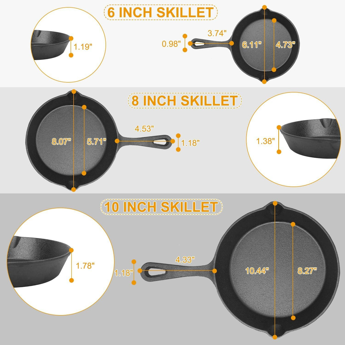 3Pcs Pre-Seasoned Cast Iron Skillet Set 6/8/10in Non-Stick Oven Safe Cookware - Bills variety store