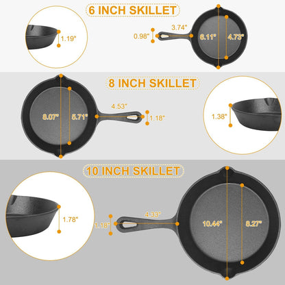 3Pcs Pre-Seasoned Cast Iron Skillet Set 6/8/10in Non-Stick Oven Safe Cookware - Bills variety store